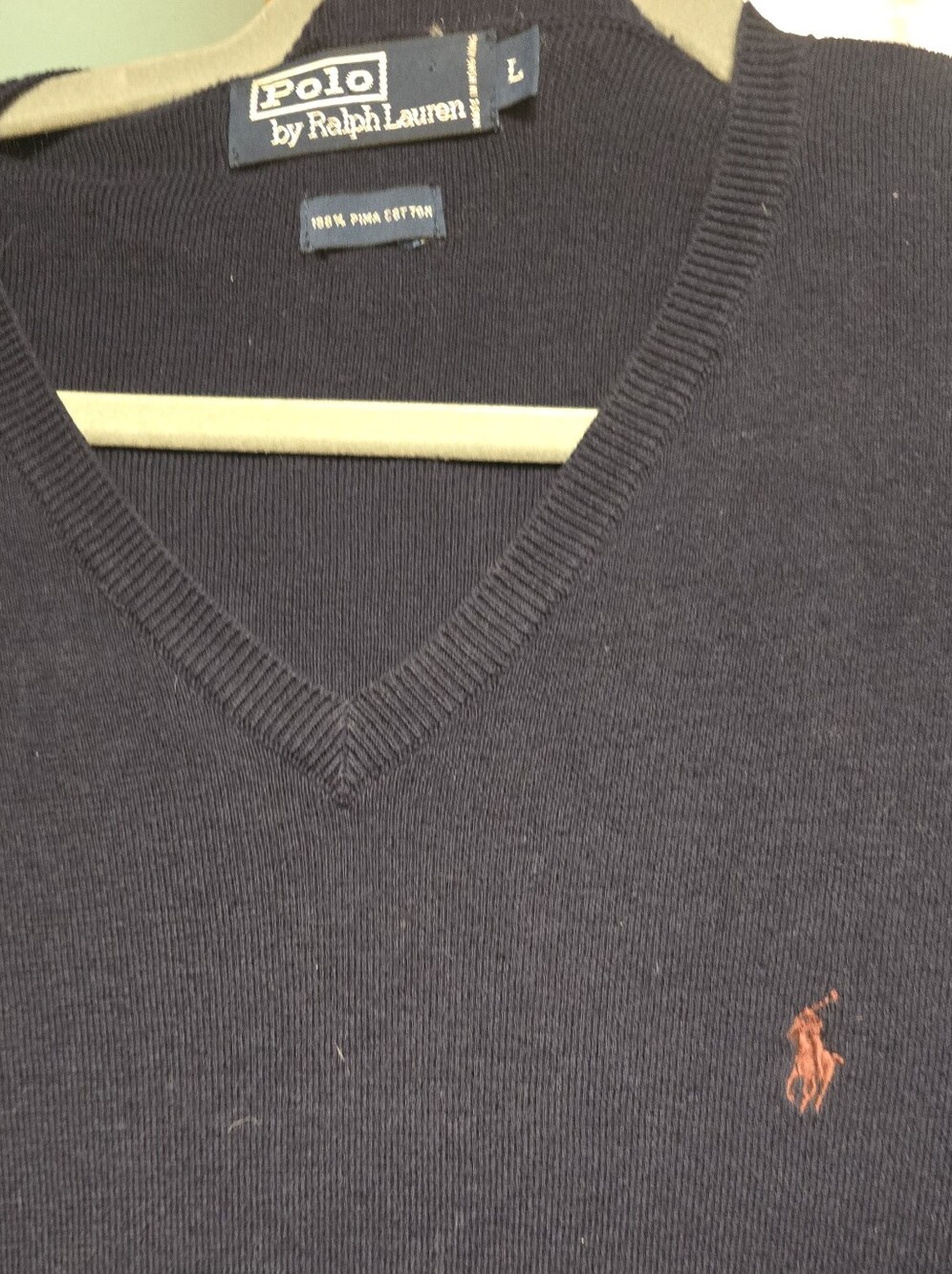 Polo by Ralph Lauren Men's Navy V-Neck Sweater with Red Pony 100% Cotton